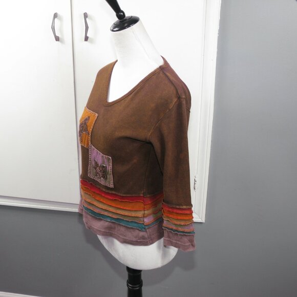Studio Produce Boho Patch V-Neck Knit Top Size Small - Picture 3 of 6